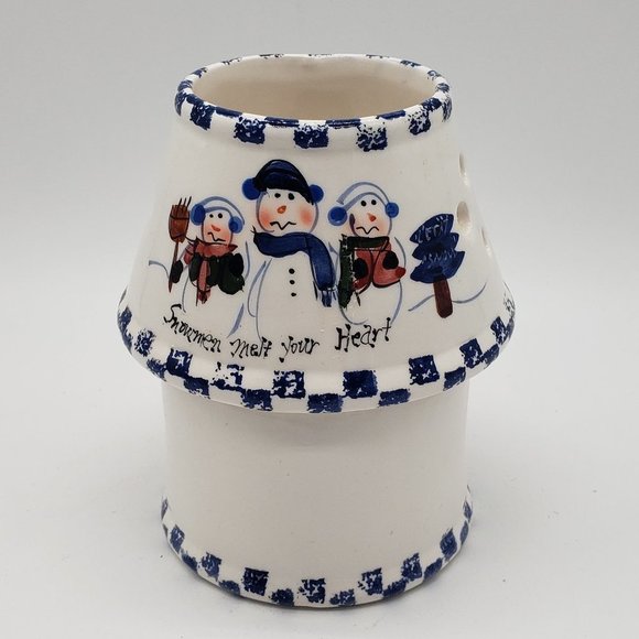Snowmen Melt Your Heart Vntg Ceramic Blue White Snowmen Tealight Candle Holder - Picture 1 of 10
